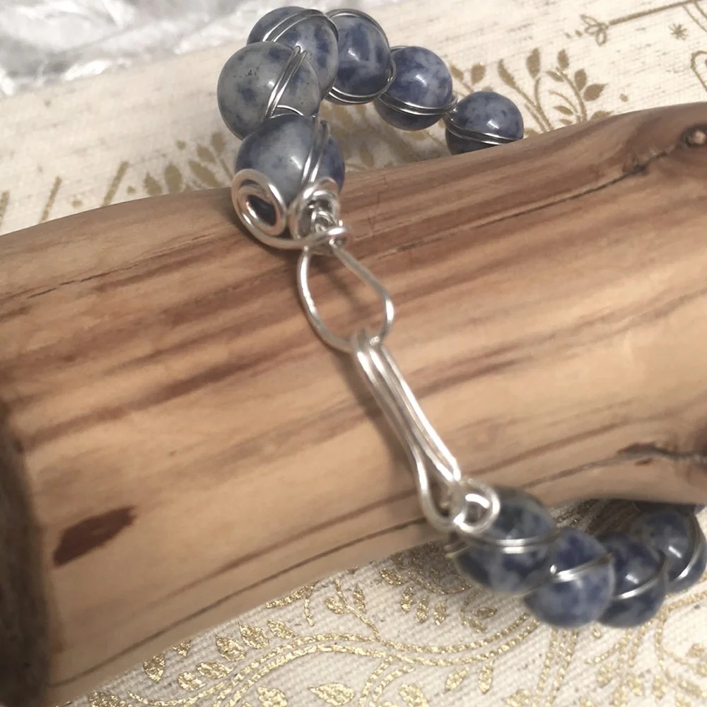 New Handcrafted Blue Sodalite Gemstone Bead Silver Tone Wire Wrapped Bracelet